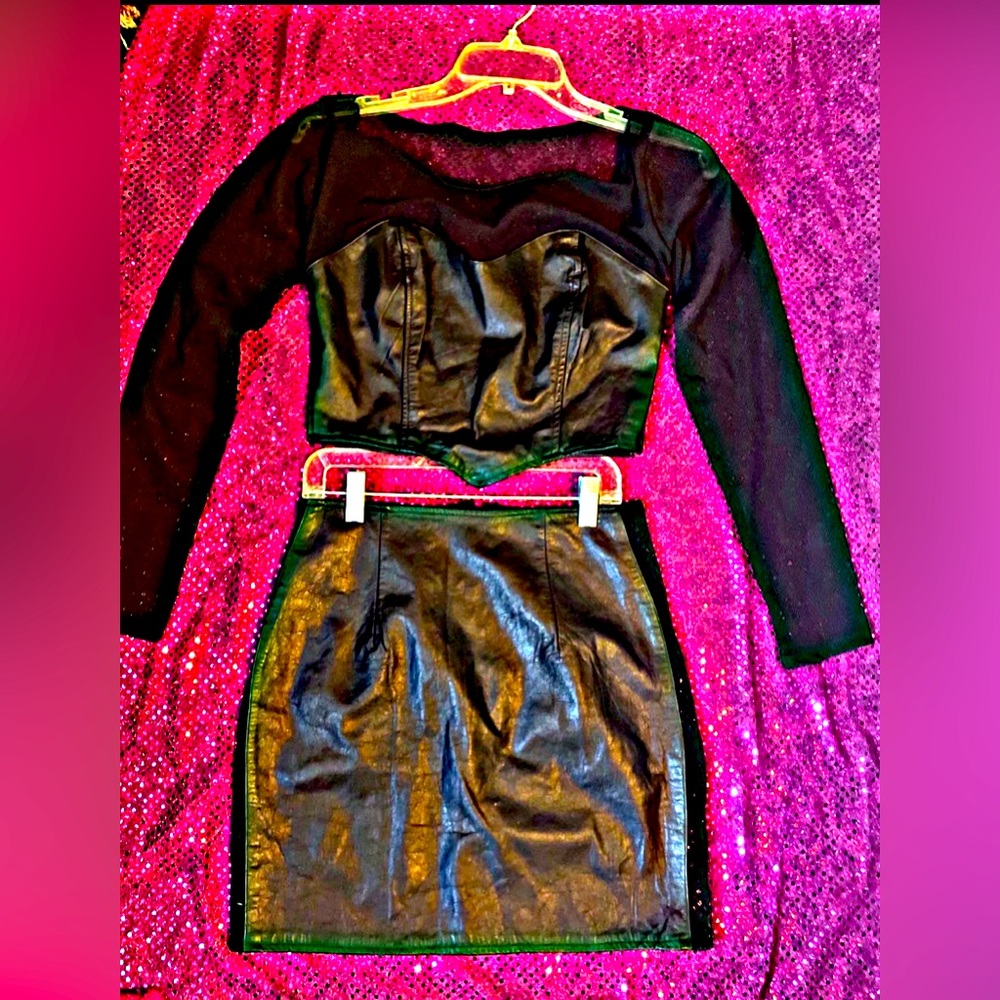 2 piece leather & mesh mini skirt set.  mesh sleeves and sides in skirt.